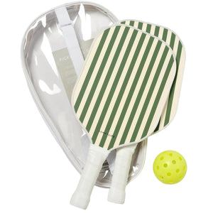The SUNNYLiFE Pickle Ball Set in Olive includes two green and white striped paddles with soft foam handles, a yellow perforated ball, and a clear carrying case—ideal for fun on the go.