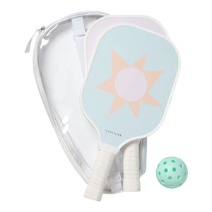 The SUNNYLiFE Pickleball Set in Rio Sun Multi includes two pastel sun-design paddles with strong Polymer Honeycomb cores, a mint green ball, and a white zippered case—everything you need for stylish, lightweight play.