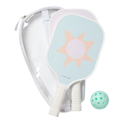 The SUNNYLiFE Pickleball Set in Rio Sun Multi includes two pastel sun-design paddles with strong Polymer Honeycomb cores, a mint green ball, and a white zippered case—everything you need for stylish, lightweight play.