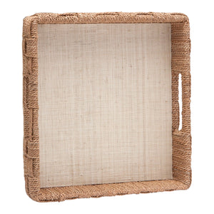 The Heather Natural Rope and Raffia Tray features a square design with rope-wrapped sides, a textured beige base inspired by raffia, and cut-out handles on the short edges for a relaxed beach vibe.