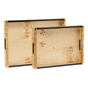 Two Rupert Rectangular Trays in Natural Mappa Veneer, with black edges and bamboo-style handles, are shown overlapping.