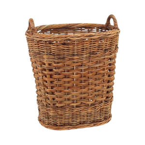 The French Country Manor Basket is a handmade rectangular wicker basket with two handles, crafted from natural rattan in a brown finish—perfect as a stylish storage solution.