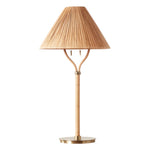 The Delphine Table Lamp features a brass base, slender stem, and a handcrafted rattan lampshade—ideal for bringing Parisian apartment charm to any space.