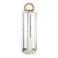The Dockside Lantern is a tall, rectangular design made of glass and stainless steel, featuring elegant teak handles and housing a white pillar candle inside.