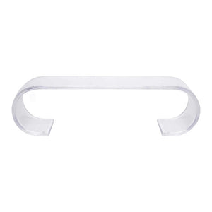 The Chelsea Cocktail Table in Acrylic features a clear riser stand with rounded ends forming an arch, echoing the timeless elegance of classic design against a white background.