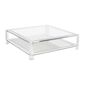 The Surrey LG Square Acrylic Cocktail Table features clear acrylic, two tiers, and four short legs in a minimalist modern design—perfect for adding contemporary flair to chic living spaces.