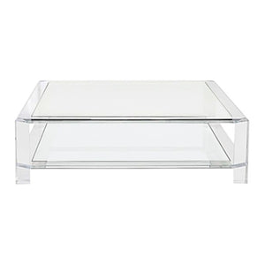 The Surrey LG Square Acrylic Cocktail Table features a clear acrylic build, lower shelf, and minimalist design—perfect as a modern accent piece for any contemporary space.