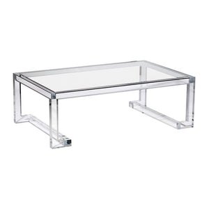 The Ava Cocktail Table boasts a modern, minimalist design with a rectangular glass top and clear acrylic frame.