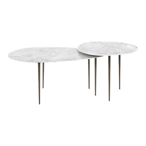 The Alexia Bunching Cocktail Table features two overlapping ovals on slender metal legs in a mid-century modern design. One table is slightly higher and smaller, both topped with elegant Carrara white marble.