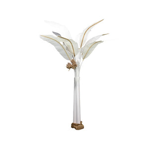 The 5' Canvas Banana Tree in Natural features large, elongated white leaves and a brown rattan base, evoking a real banana tree—ideal for elegant interiors and shown against a plain white background.