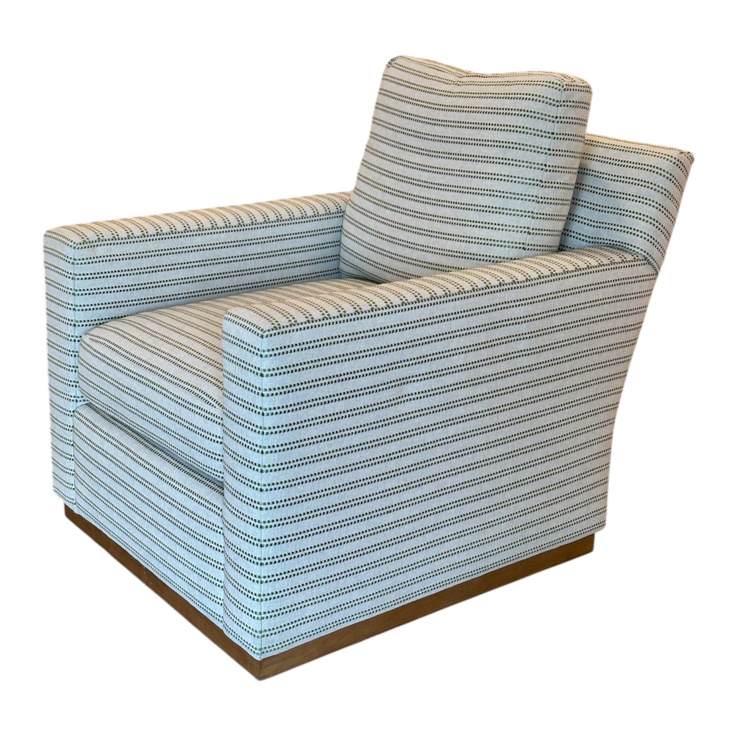 The Bespoke Swivel Lounge Chair, Sturdy Stripe, features white and dark blue striped upholstery, a square silhouette, and a wooden base for refined comfort.