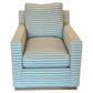 The Bespoke Swivel Lounge Chair, Sturdy Stripe, features a front-facing design with beige, green, and blue stripes, cushioned seat and back for comfort, and a sturdy wooden base with durable upholstery.