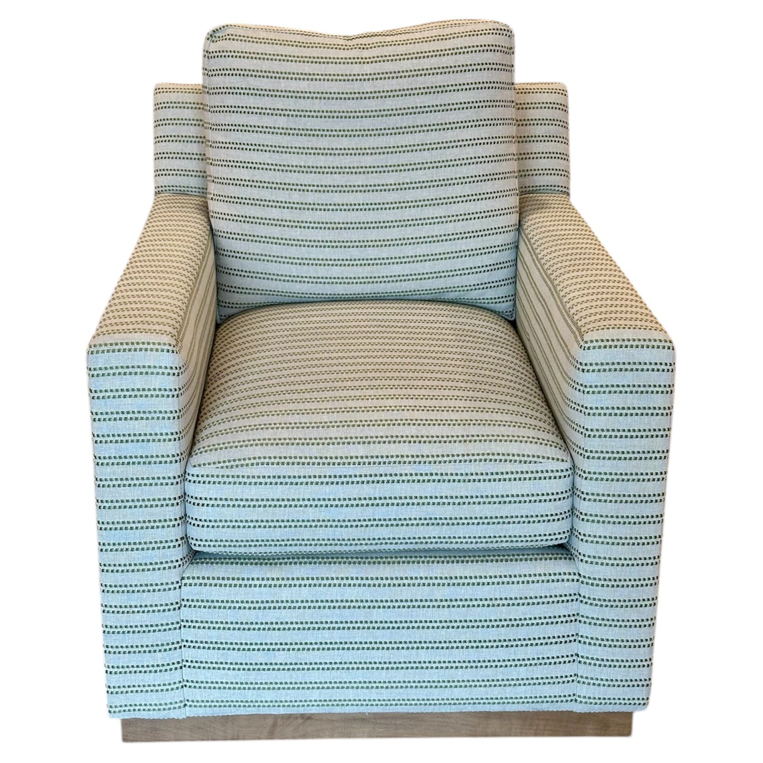 The Bespoke Swivel Lounge Chair, Sturdy Stripe, features a front-facing design with beige, green, and blue stripes, cushioned seat and back for comfort, and a sturdy wooden base with durable upholstery.