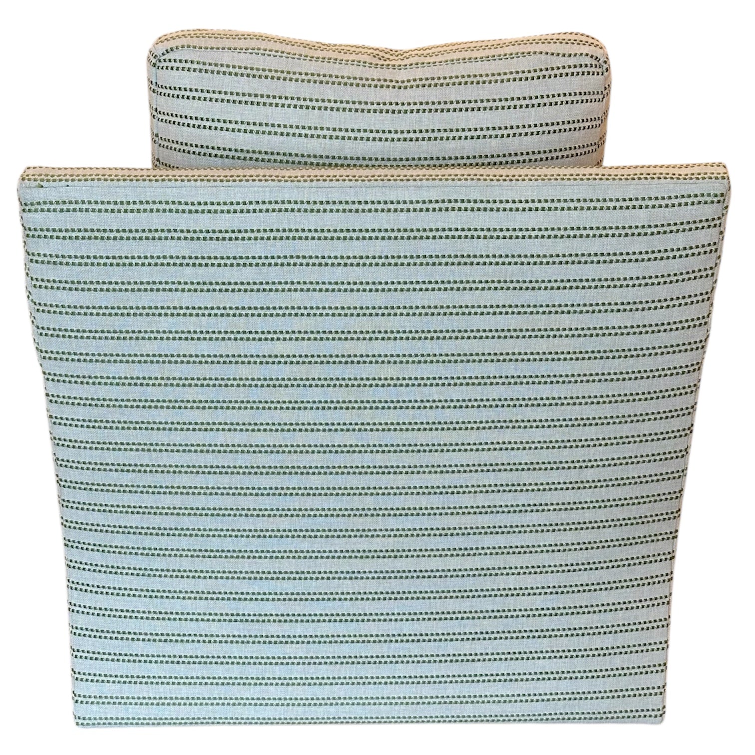 The Bespoke Swivel Lounge Chair, Sturdy Stripe, is shown from the back with a top cushion. Its durable black-and-white horizontal striped upholstery combines refined comfort with stylish design.