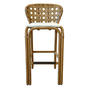 The Exalt Barstool in Pecan offers a classic design with a woven rattan backrest, cushioned seat, durable pecan wood legs, and a built-in footrest.