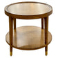 The Savoy Side Table, Wheat, boasts an elegant design with two shelves, tapered legs, and brass-capped feet.