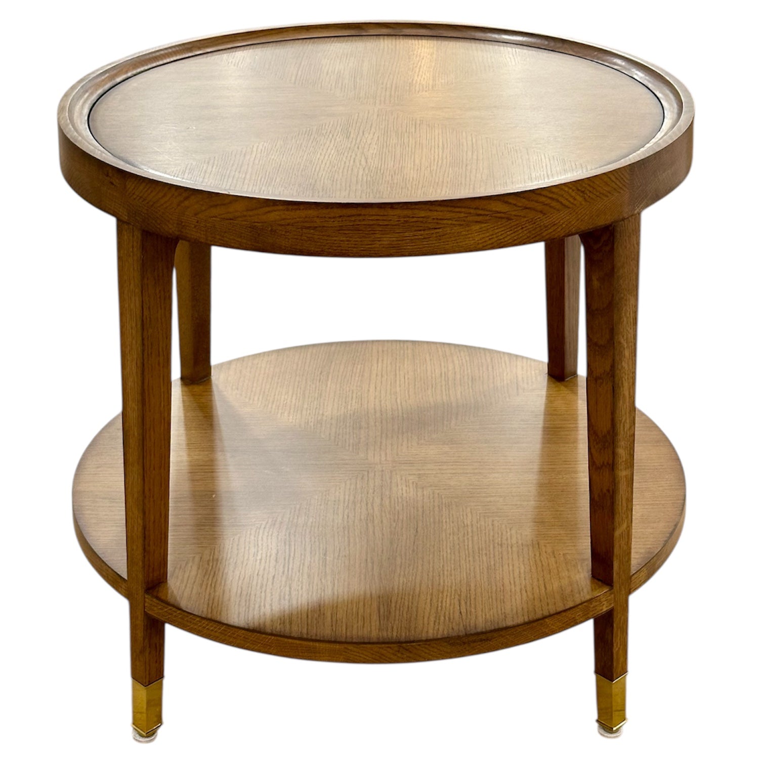 The Savoy Side Table, Wheat, boasts an elegant design with two shelves, tapered legs, and brass-capped feet.