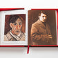 An open book with a red cover shows a painting of a person on the left page and a photograph of a man in a coat on the right page, reminiscent of The Impossible Collection: Picasso, celebrating influential artists of the twentieth century.