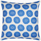 The John Robshaw Aleesa Outdoor Pillow features a white background with blue circular floral designs. It's sun and rain resistant, making it perfect for adding style to your patio setup.