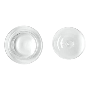 The Piper Round Glass Butter Dish, featuring a clear hand-blown bowl and matching glass lid with a timeless design, is displayed side by side on a white background.