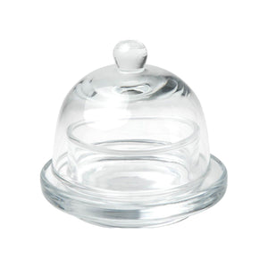 The Piper Round Glass Butter Dish features hand-blown clear glass, a round base, and a dome lid with a small knob—a timeless piece for any table.