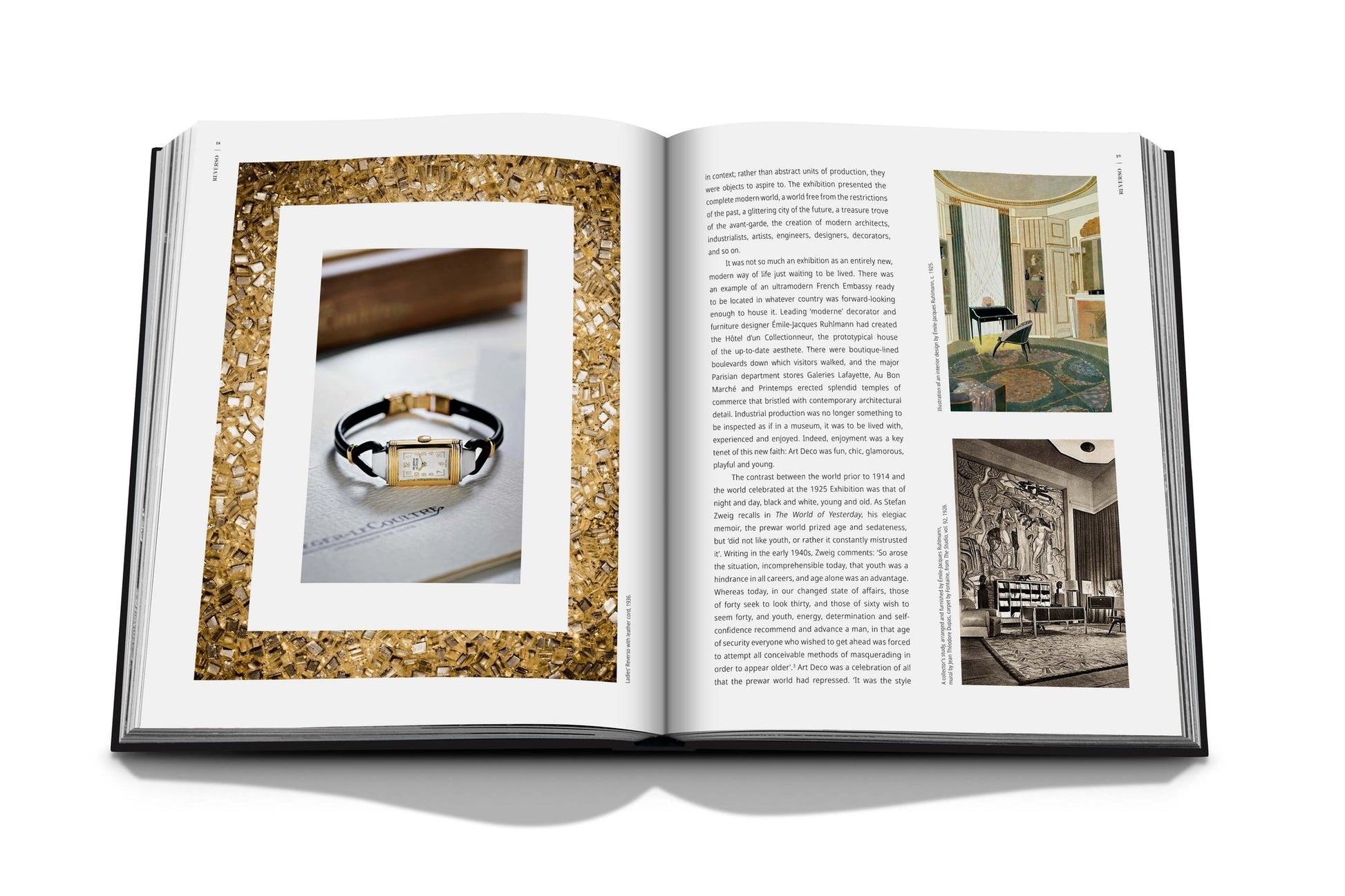 Open book displaying images of a Jaeger-LeCoultre: Reverso wristwatch, an ornate Art Deco room, and wall art, along with text articles on each side.