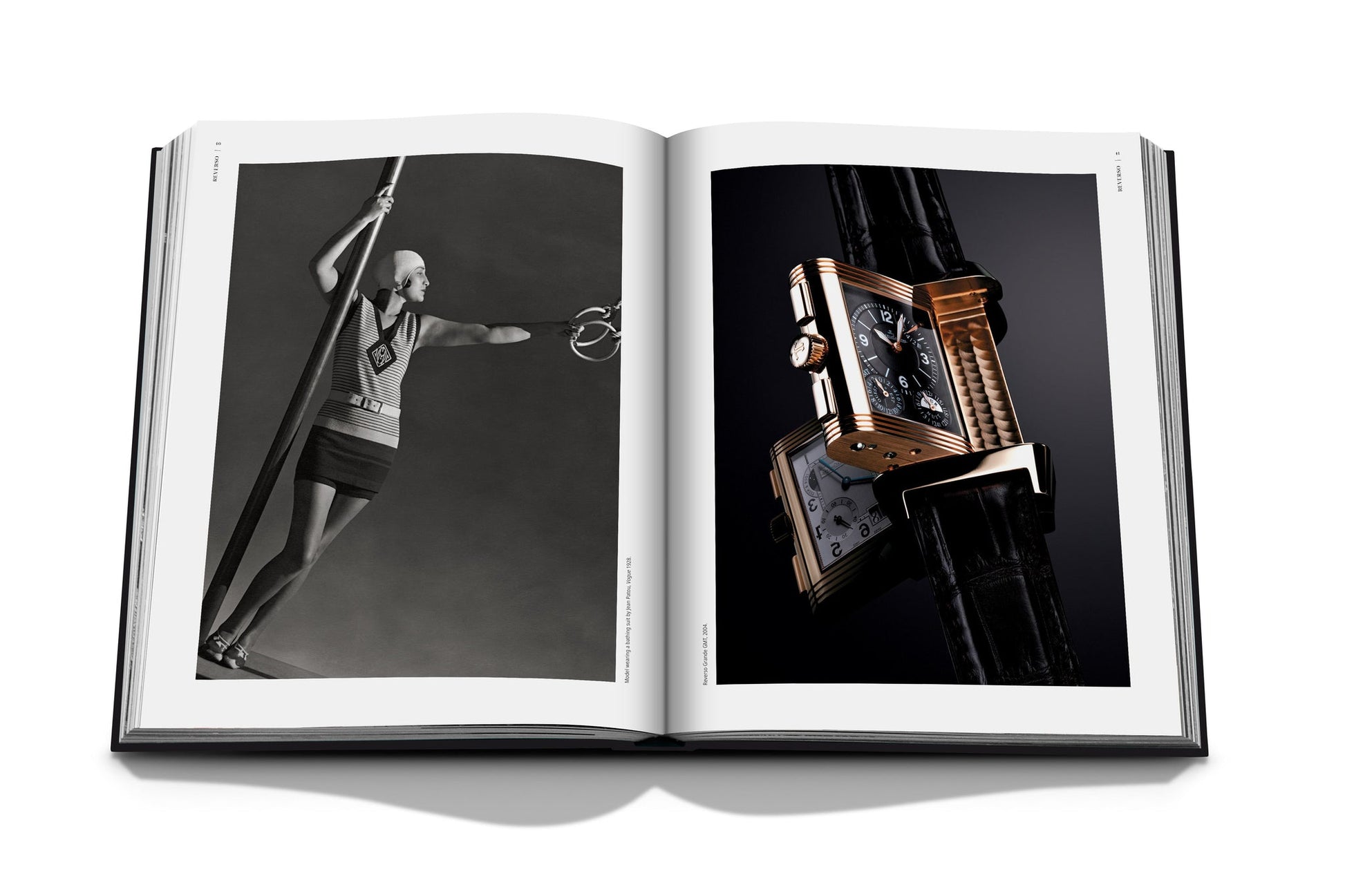 Open book displaying two images: the left page has a black-and-white photo of a person on a pole, and the right page shows a close-up of a Jaeger-LeCoultre: Reverso with a black strap.