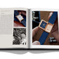 Open book displaying luxury wristwatches on both pages, with the left page featuring an article and black-and-white images, and the right page showing a close-up of a Jaeger-LeCoultre: Reverso wristwatch with a blue strap.