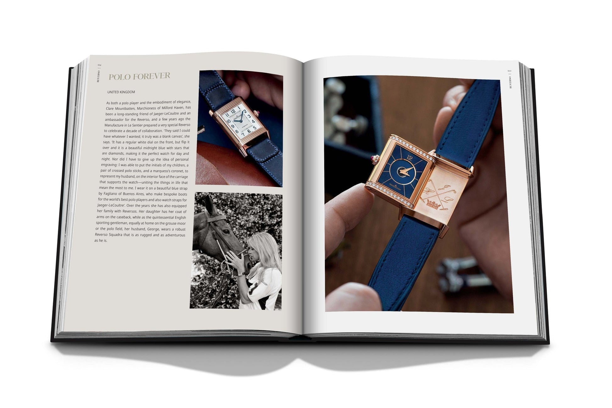 Open book displaying luxury wristwatches on both pages, with the left page featuring an article and black-and-white images, and the right page showing a close-up of a Jaeger-LeCoultre: Reverso wristwatch with a blue strap.