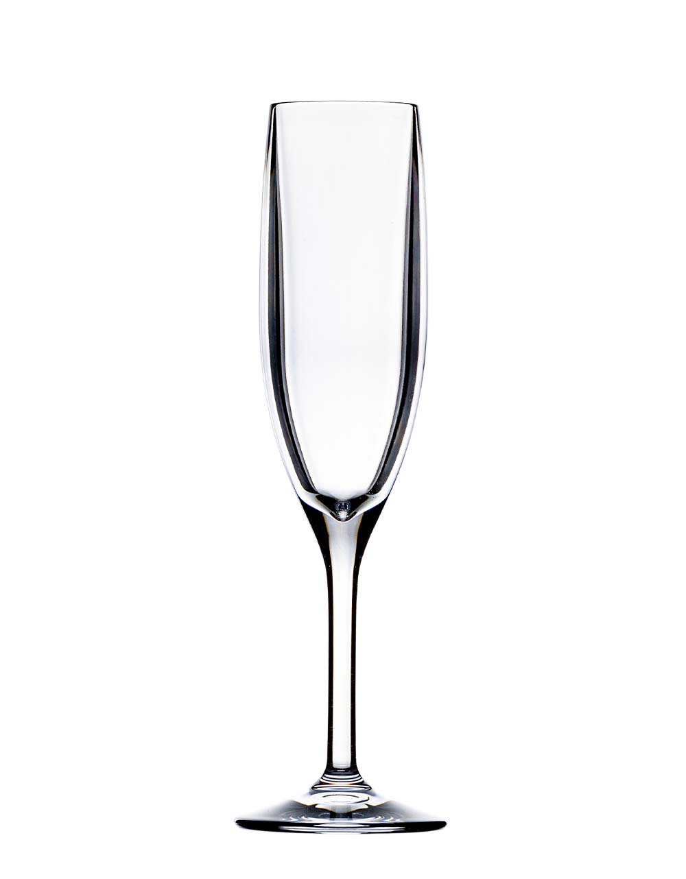 A stylish champagne flute from the Bold Revel Acrylic Collection, expertly crafted with a long stem and made from high-quality polycarbonate, rests on a white background.