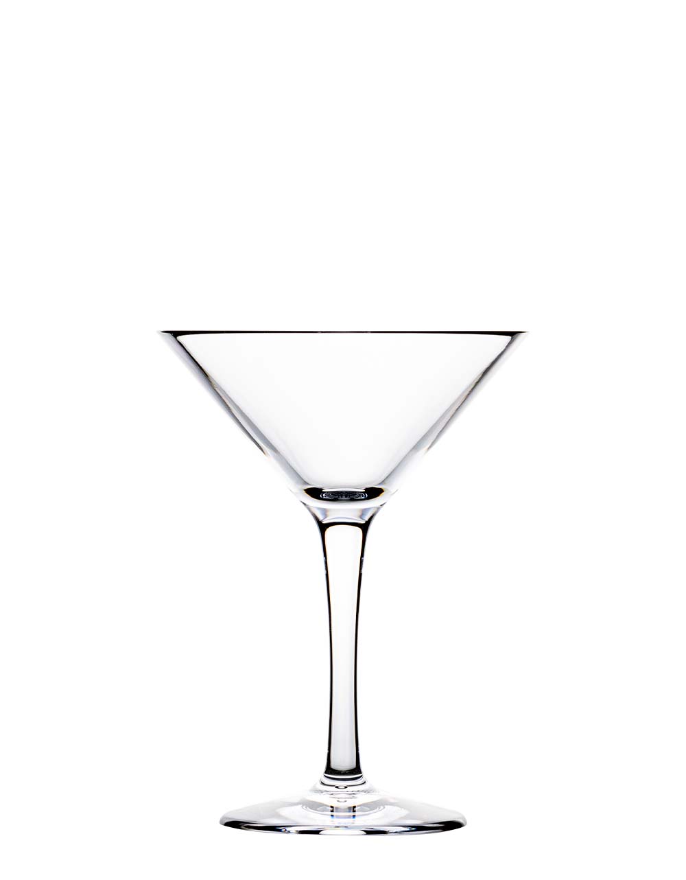 A clear, empty martini glass from the Bold Revel Acrylic Collection, featuring a wide bowl and slender stem, reminiscent of Crystal Sapphire elegance, is centered against a white background.