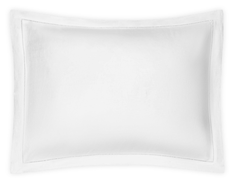 A rectangular white pillow with a smooth texture is shown, featuring the Matouk Roman Linen Hemstitch Bedding Collection in White.