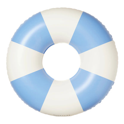 The SUNNYLiFE Poolside Tube Float Blue features blue and white stripes, making it the perfect inflatable swim ring for embracing Australia’s summer style at Sydney beaches.