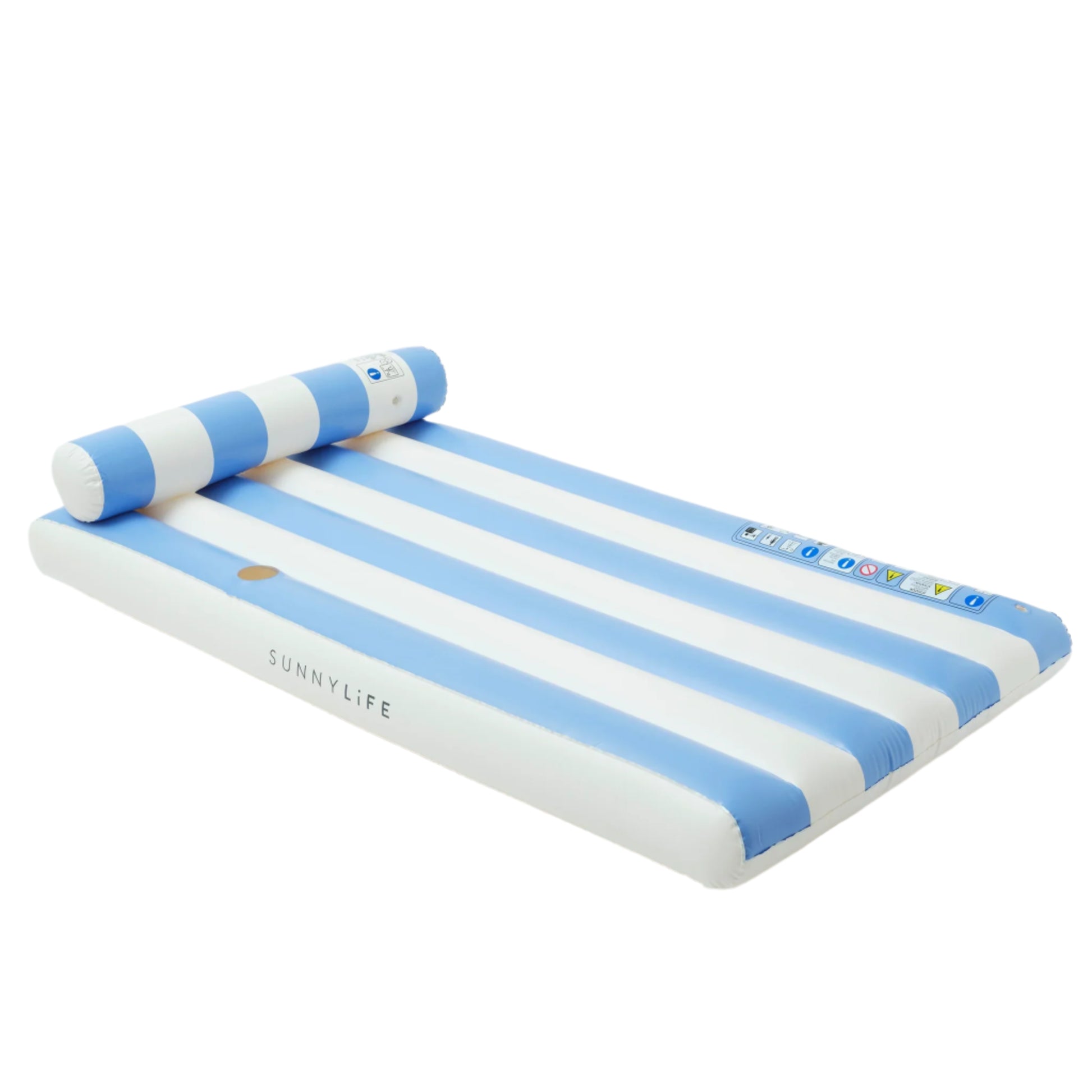 The SUNNYLiFE Luxe Lilo Blue Stripe is an inflatable pool lounger with blue and white stripes, inspired by Australia’s summer style. It features a built-in pillow and safety warning labels on the side.
