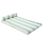 The SUNNYLiFE Luxe Lilo Green Stripe is a rectangular inflatable pool lounger with white and light green stripes, a built-in headrest, and the brand logo—ideal for relaxing in Australia’s summer style.