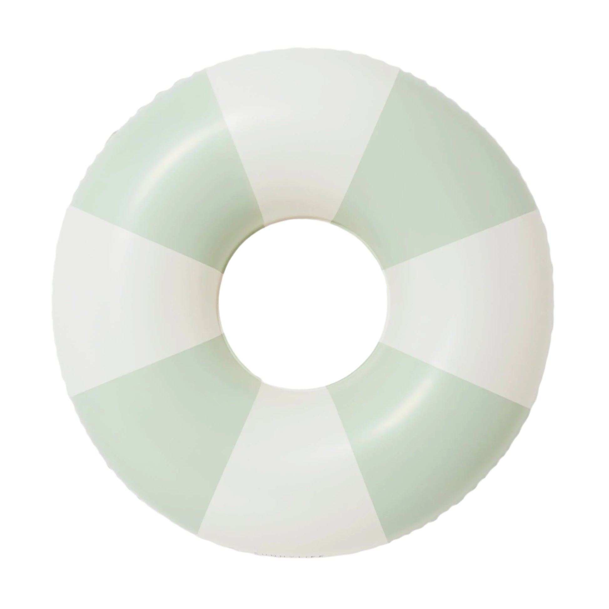 The SUNNYLiFE Poolside Tube Float Soft Olive is a round inflatable swim ring with alternating light green and white segments, inspired by Australia’s summer style, shown from above on a white background.