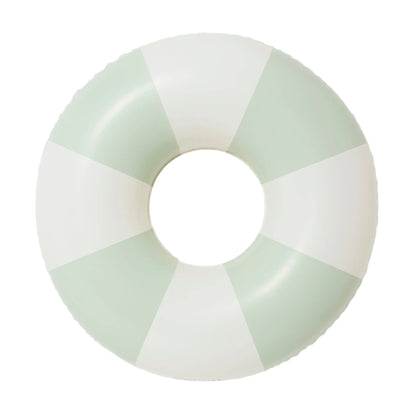 The SUNNYLiFE Poolside Tube Float Soft Olive is a round inflatable swim ring with alternating light green and white segments, inspired by Australia’s summer style, shown from above on a white background.
