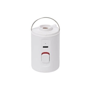 The SUNNYLiFE Electric Air Pump features a white cylindrical design, small handle, USB port, switch, and front button—perfect for easy inflation. Shown on a plain white background.