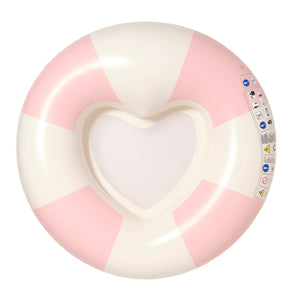 The SUNNYLiFE Luxe Poolside Tube Float Pink Stripe features alternating pink and white sections with a heart-shaped mesh center and warning labels—ideal for relaxing on Sydney beaches and enjoying Australia’s summer style.