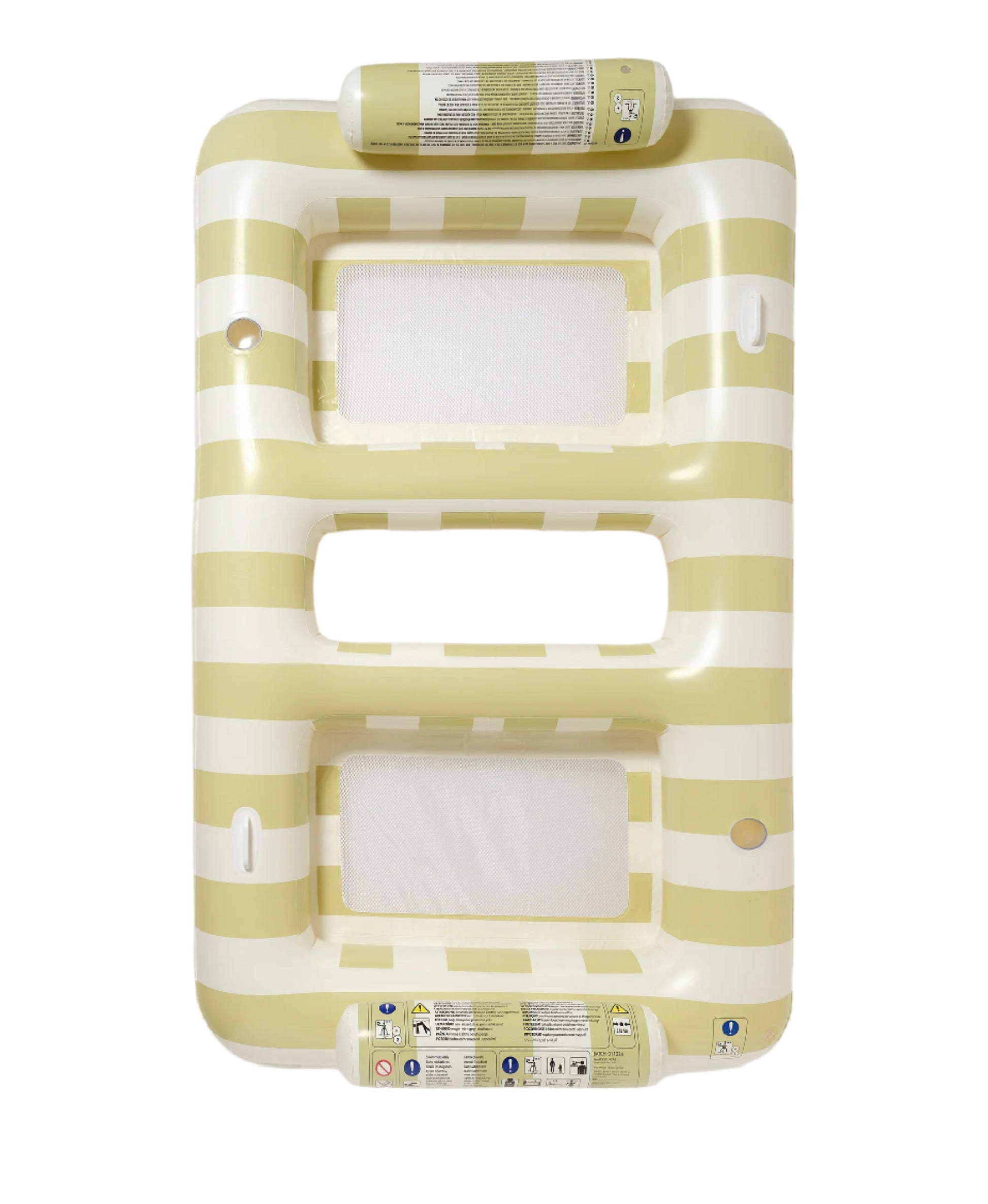 The SUNNYLiFE Luxe Twin Hammock Float Casa Sand Stripe is a rectangular inflatable pool float with yellow and white stripes, three mesh seat openings, and two cylindrical headrests at each end.