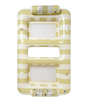 The SUNNYLiFE Luxe Twin Hammock Float Casa Sand Stripe is a rectangular inflatable pool float with yellow and white stripes, three mesh seat openings, and two cylindrical headrests at each end.