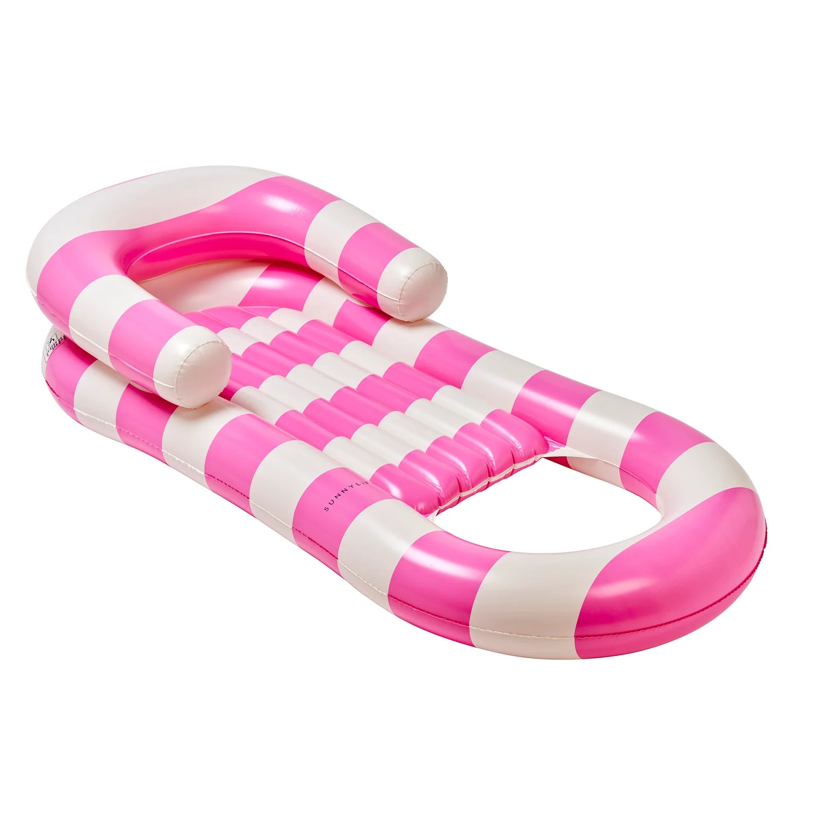 The Laze & Lounge inflatable pool lounger features pink and white stripes, armrests, a reclining backrest, and an inflatable headrest—combining style and comfort for relaxing in the pool.
