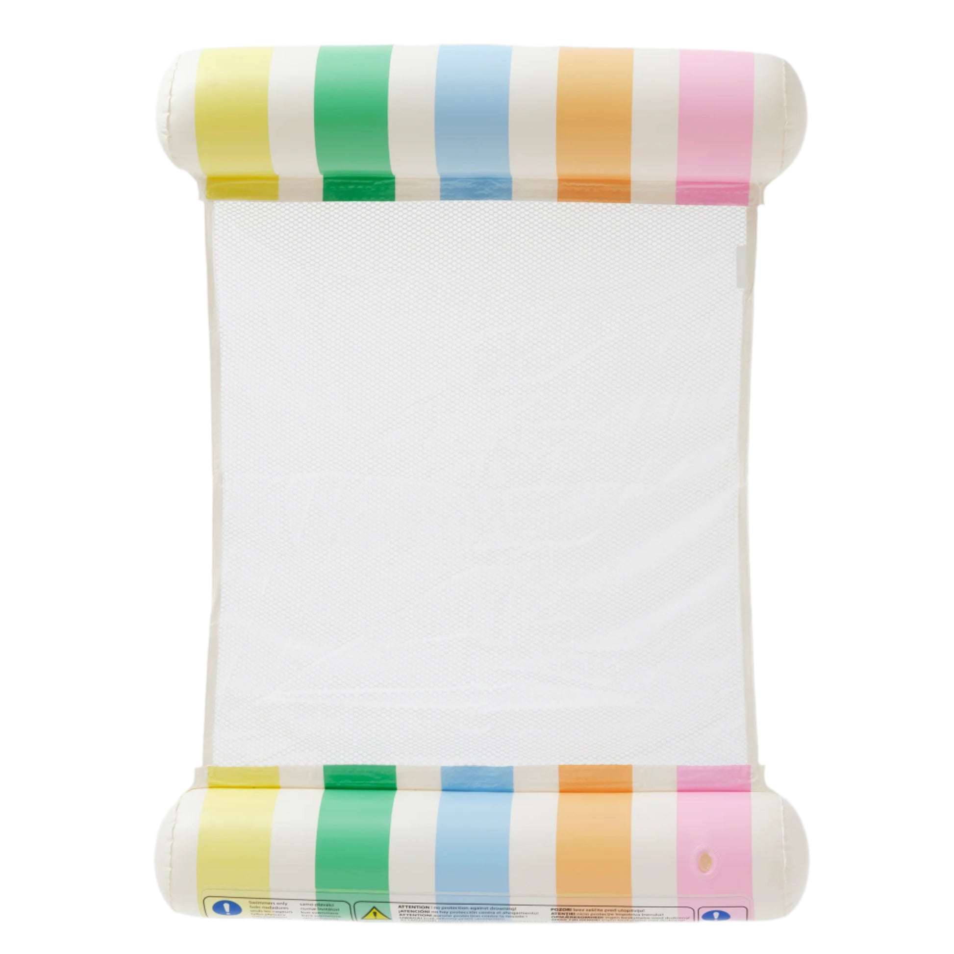 Relax in style on the SUNNYLiFE Poolside Hammock Float Pastel Gelato, featuring colorful pastel stripes on the headrest and footrest with a white mesh center—perfect for that Sydney beach-inspired summer vibe.