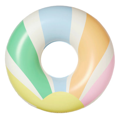 The SUNNYLiFE Poolside Tube Float Pastel Gelato features pastel stripes in green, blue, yellow, orange, and pink—ideal for Australia’s summer vibe and relaxing at Sydney beaches. Shown on a white background.