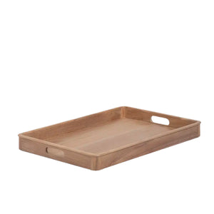 The SU Sundeck Teak Tray (22" x 17") features a rectangular design with raised edges and cut-out handles, inspired by classic British campaign furniture, shown against a white background.