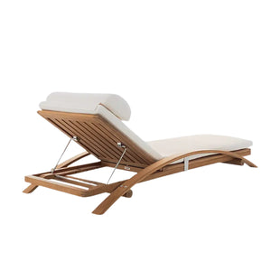 The Sundeck Stacking Adjustable Chaise, inspired by British campaign furniture, features teak construction, an adjustable backrest, and cushioned padding, displayed against a plain white background.