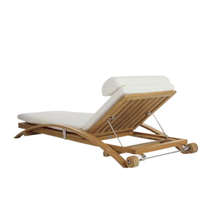 The Sundeck Stacking Adjustable Chaise is a wooden outdoor lounge chair with a reclining backrest, white cushion, small rear wheels, and marine-grade stainless steel accents, shown on a white background.