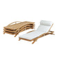 Four Sundeck Stacking Adjustable Chaise lounge chairs in teak, inspired by British campaign furniture; three are stacked on the left, one is assembled with a white cushion and headrest on the right, set against a white background.