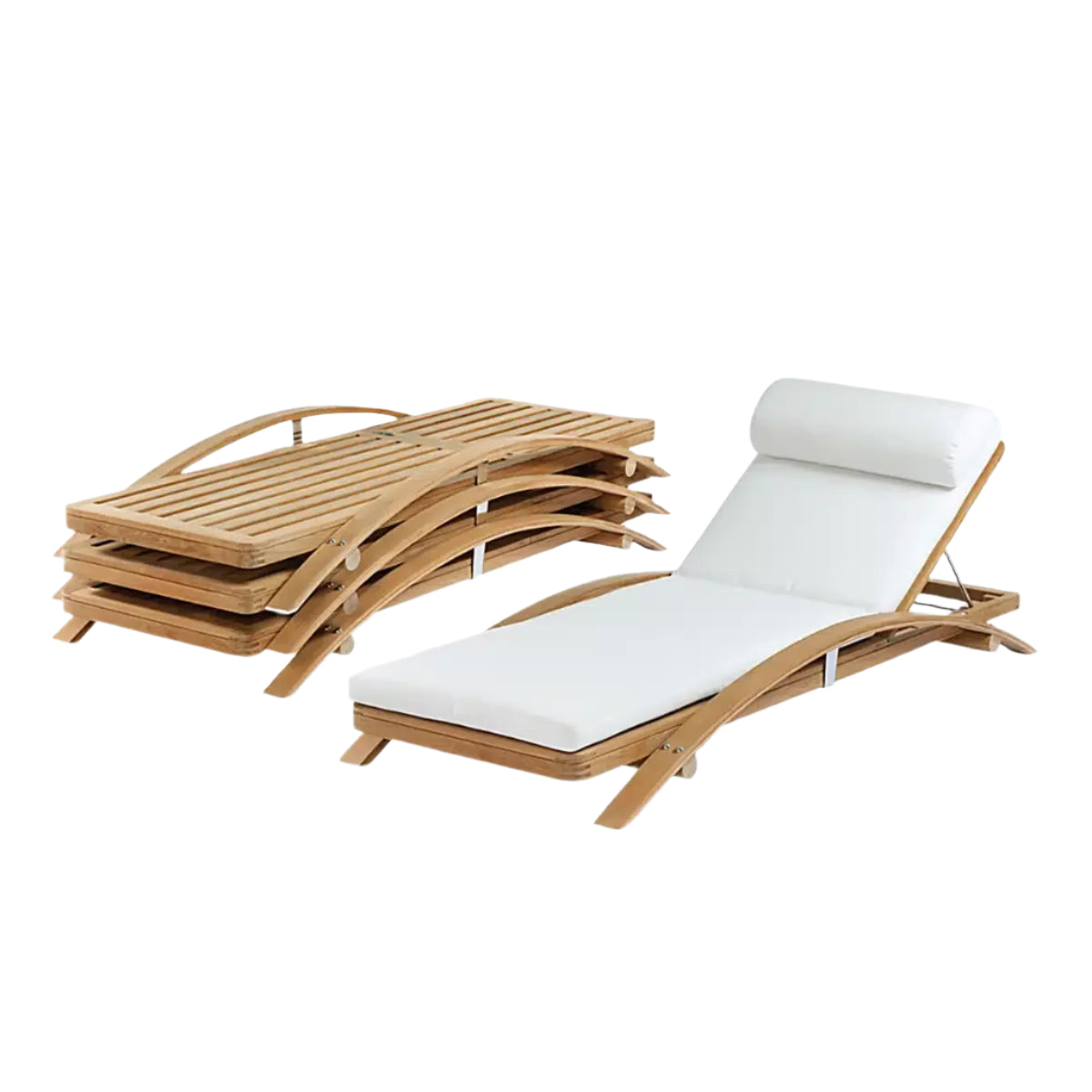 Four Sundeck Stacking Adjustable Chaise lounge chairs in teak, inspired by British campaign furniture; three are stacked on the left, one is assembled with a white cushion and headrest on the right, set against a white background.