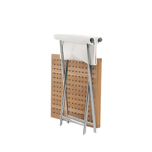 The Sundeck Folding Director's Footrest, featuring a metal frame and teak wooden slats inspired by classic campaign furniture, is displayed folded upright against a white background.